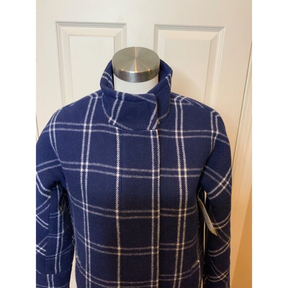 J.Crew Navy Dark Blue & White Windowpane Check Wool Blend Cocoon Coat, Size 2 - Picture 2 of 6